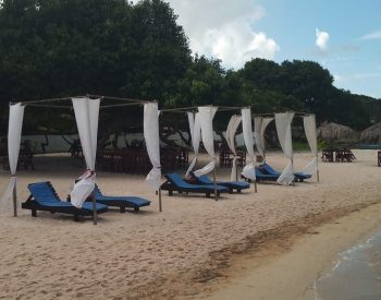 Várias cadeiras de praia na beira do lago