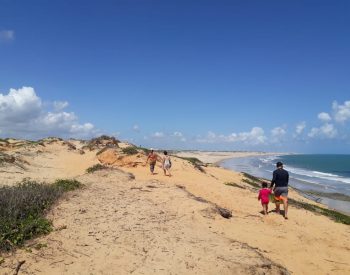 Quatro pessoas caminhando num morro com praia ao fundo